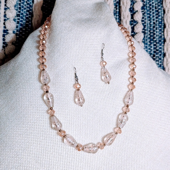 Blush Pink Clear Glass Beaded Necklace Earring Set Faceted Teardrop Handcrafted - Picture 1 of 4
